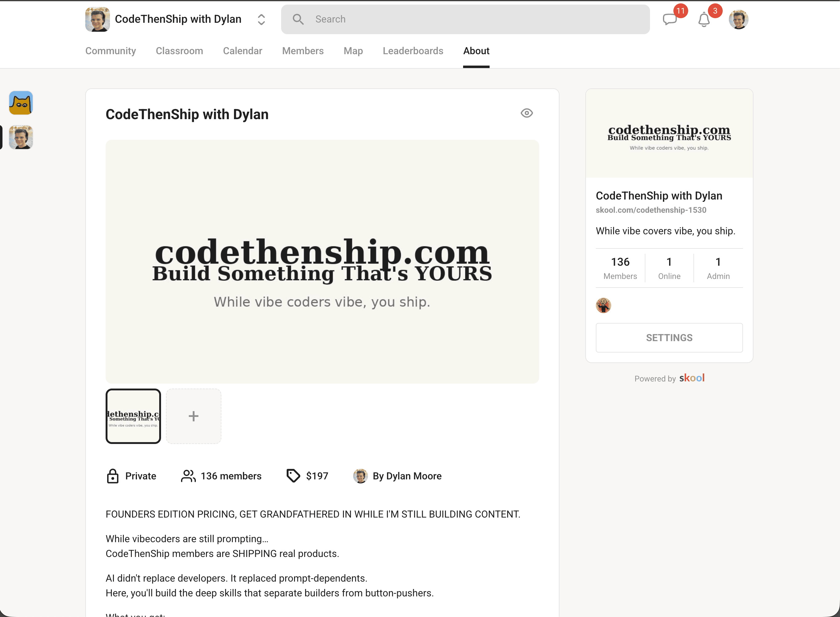CodeThenShip private Skool community showing 136 members and Founders Edition pricing