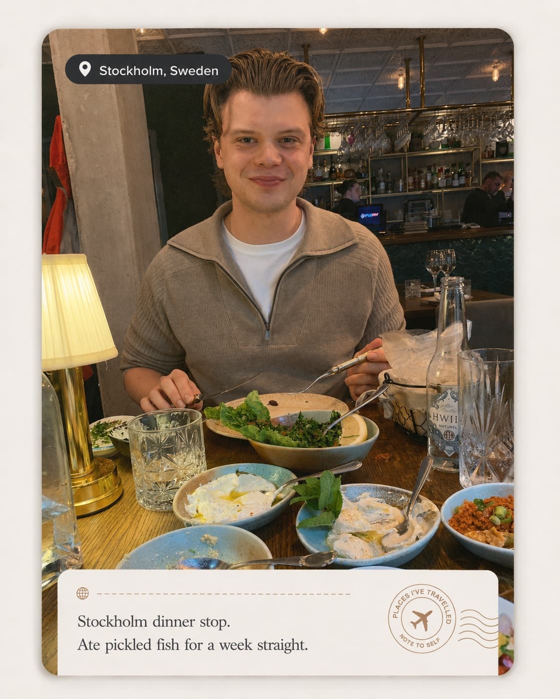 Dylan at a dinner spot in Stockholm, Sweden