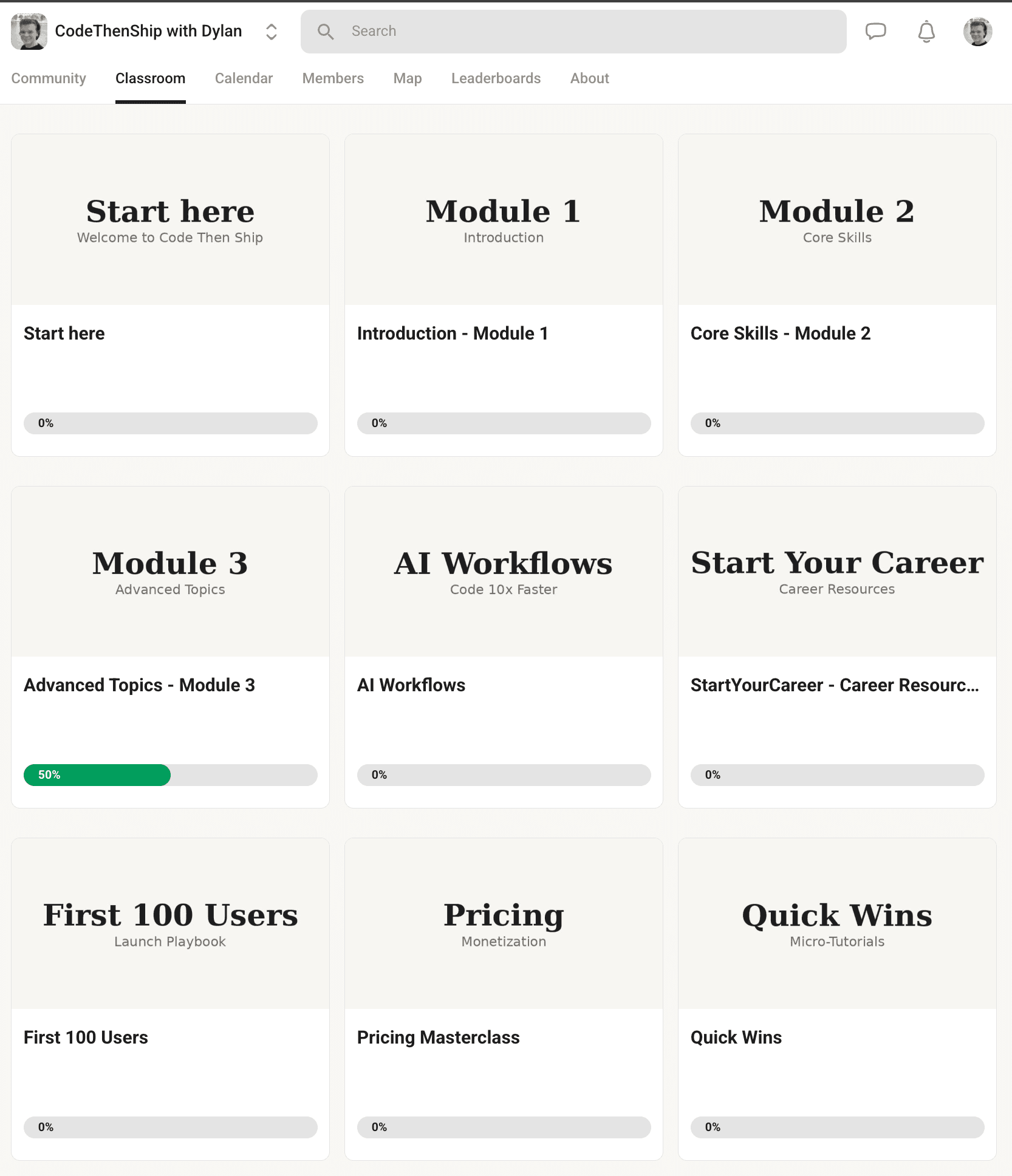 The CodeThenShip classroom inside Skool showing every module you get access to