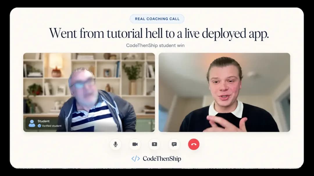 Coaching call still: a member who went from tutorial hell to a live deployed app