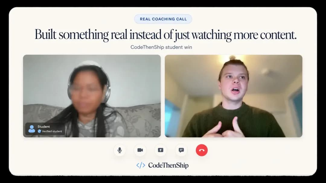 Coaching call still: a member who built something real instead of watching more content