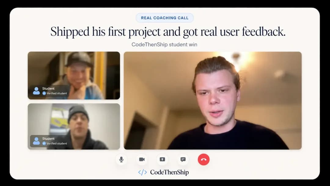 Coaching call still: a member who shipped a first project and got real user feedback